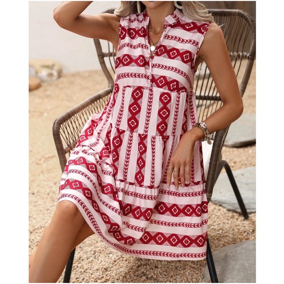 Boho Geo Print Sleeveless Ruffle Dress - Picture 6 of 12